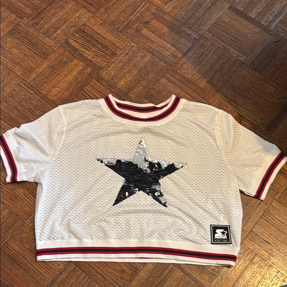 STARTER White Mesh Crop Top with Black Star
